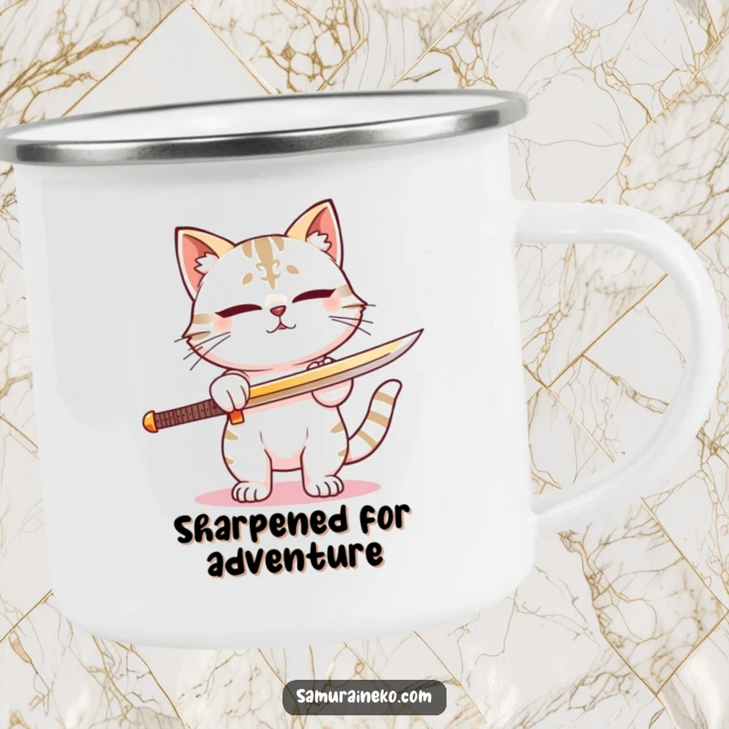 Funny camping mug with a cat samurai sharpening its sword, radiating focus and readiness. An ideal funny gift.