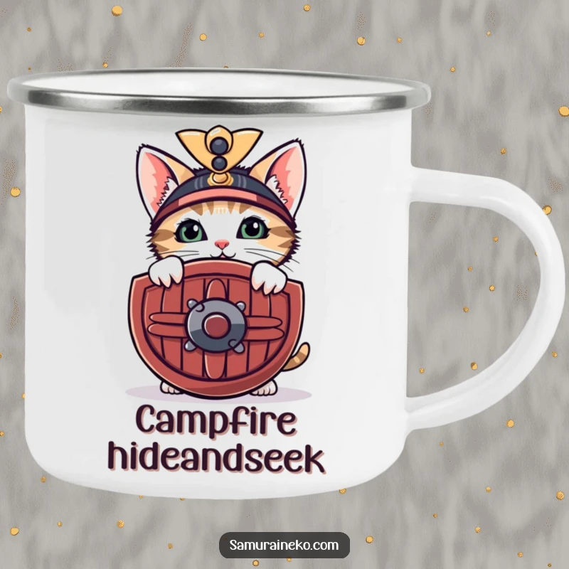 Funny camping mug with a curious kitten peeking from behind a miniature samurai shield with a shy smile, for outdoor adventures.