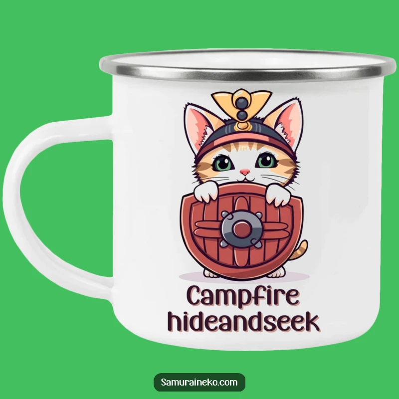 Funny Shy Samurai Kitten Camping Mug: Feline Protector for Gentle Adventures