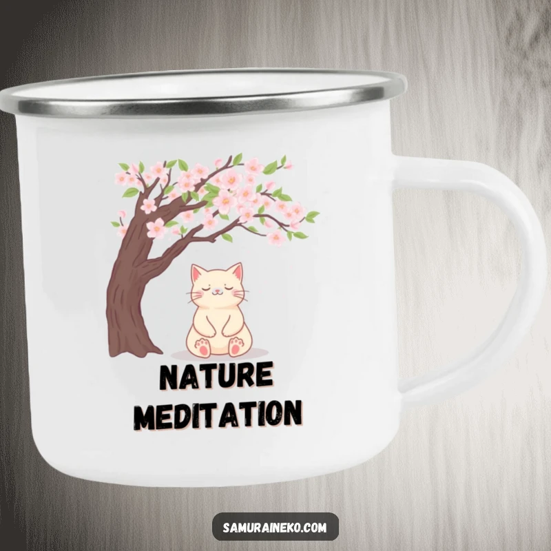 Funny cat camping mug depicting a cat meditating peacefully under a cherry blossom tree.