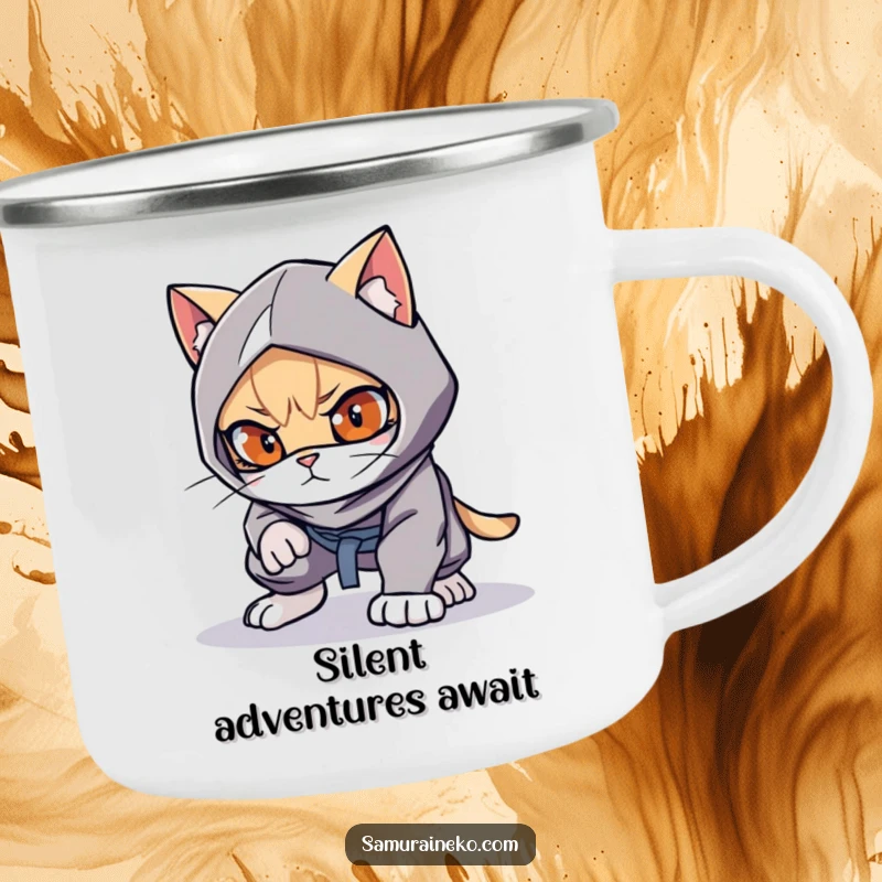 Funny cat ninja crouched low on a camping mug, ready to pounce, a funny gift.