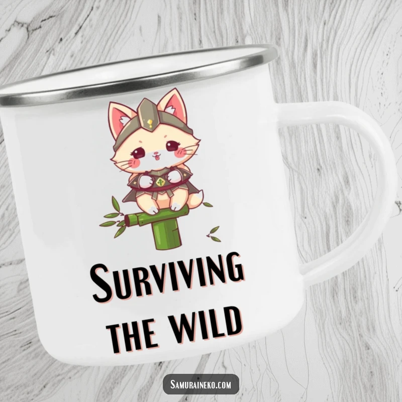 Funny Samurai Cat camping mug featuring a fluffy armored cat balancing on a bamboo stalk, designed for rugged outdoor use and humorous enjoyment.