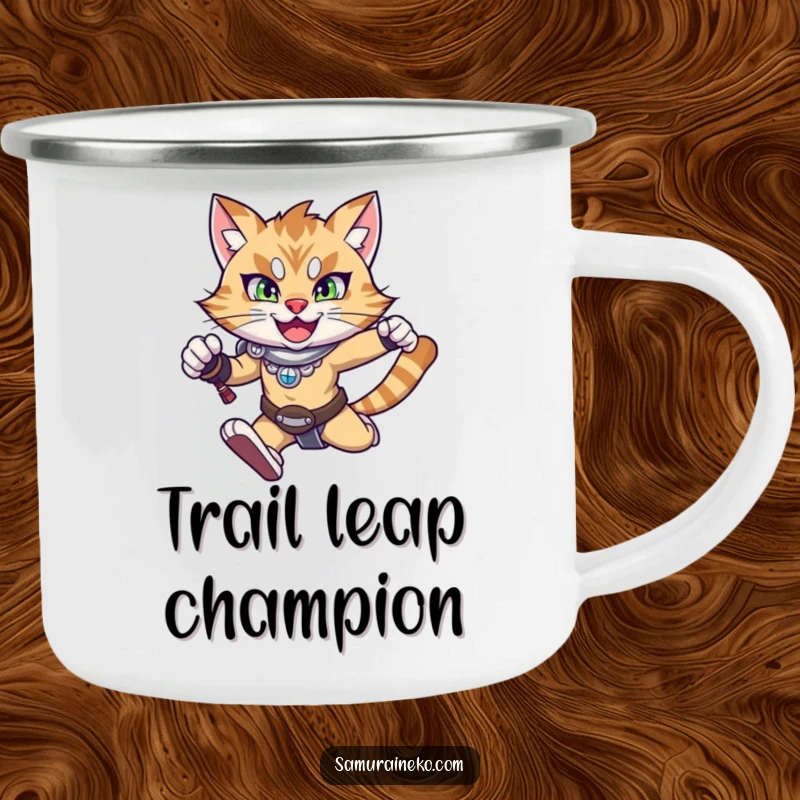 Funny camping mug featuring a happy warrior cat mid-leap with a determined expression, ideal for outdoor enthusiasts.