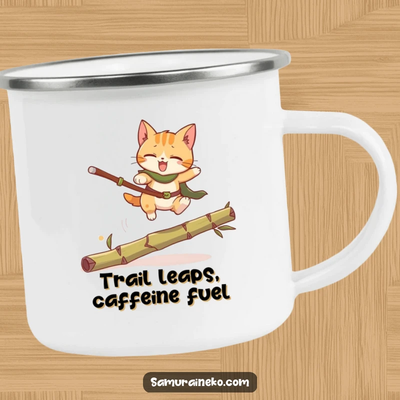 Funny Cat Warrior Camping Mug: A durable mug with a funny cat warrior leaping over bamboo, perfect for outdoor adventures and humorous sipping.
