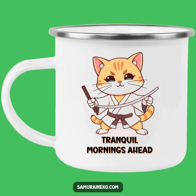 Funny Focused Cat Sword Camping Mug - Hilarious Companion for Disciplined Adventures