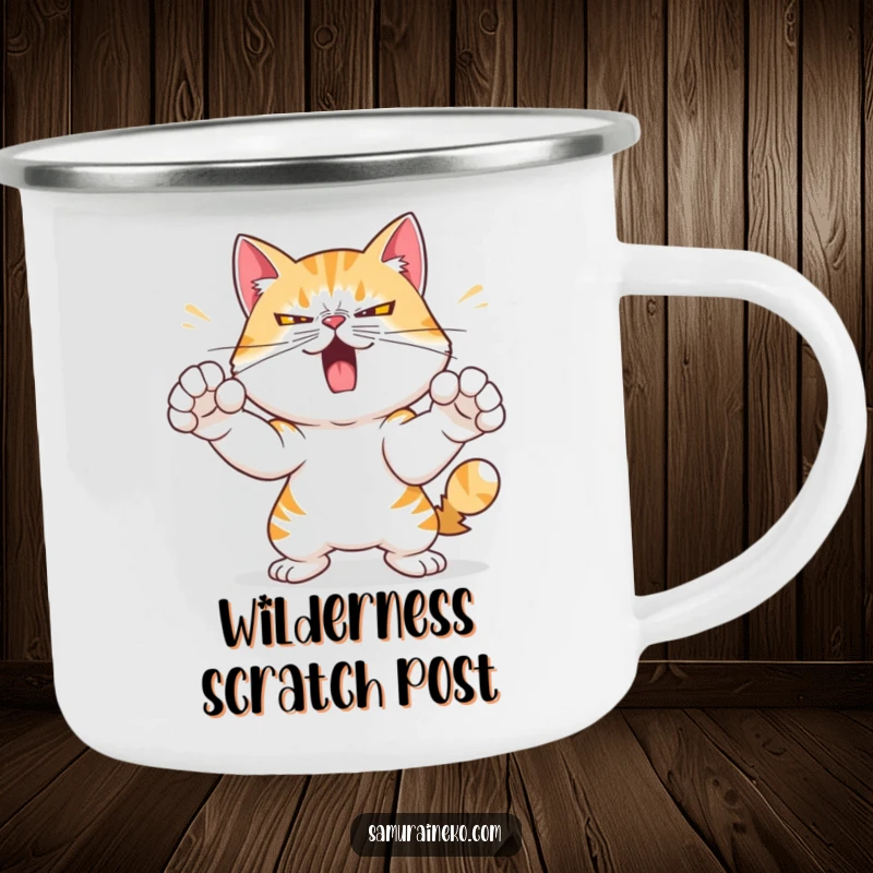 Funny camping mug featuring a mischievous cat with a determined expression, practicing swift paw strikes, ready for focused outdoor fun.