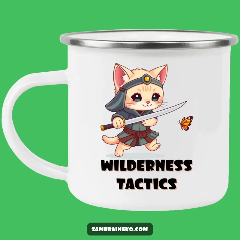 Funny Kitten Samurai Camping Mug: Warrior's Brew for Outdoor Adventures