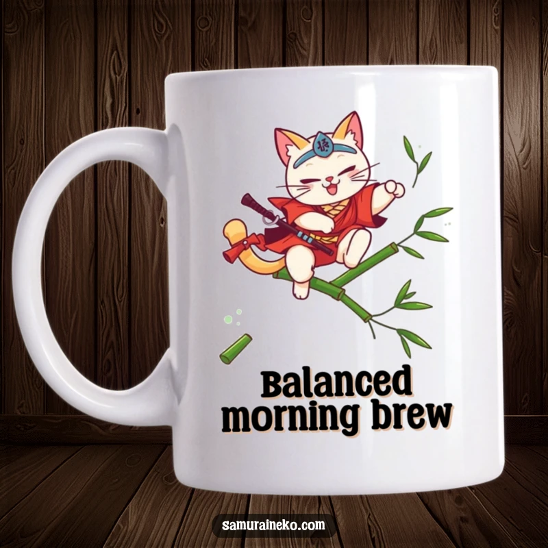 Funny cat samurai leaping over bamboo with a flourish, elegant and poised, perfect funny gift.