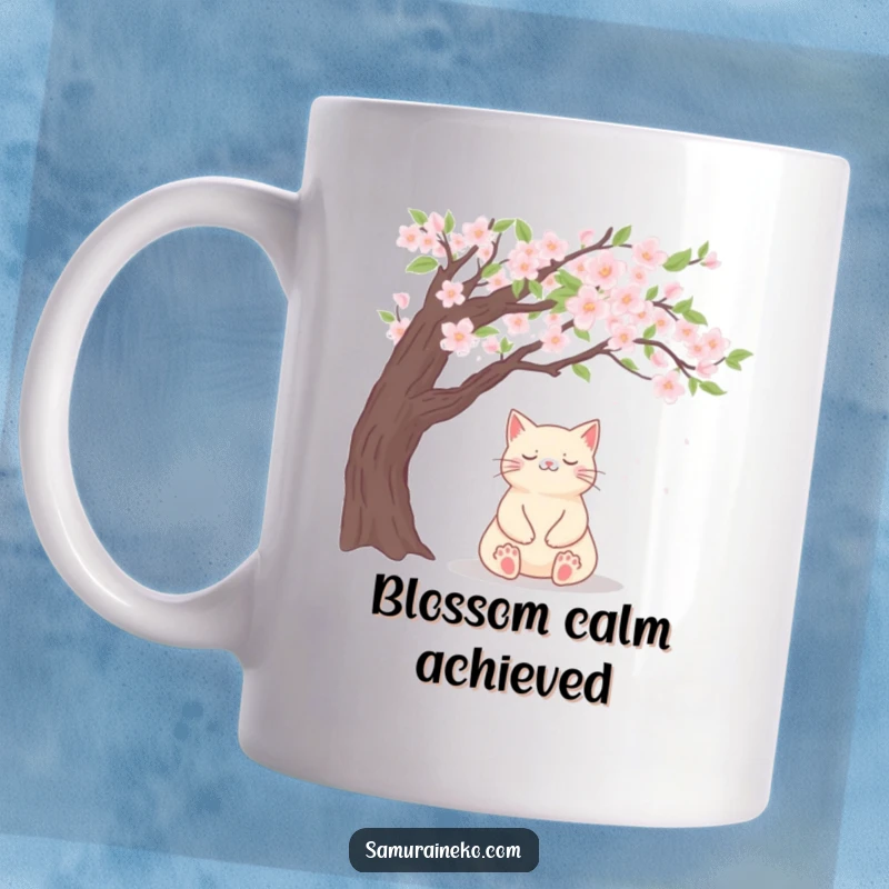 Funny mug with a cat meditating peacefully beneath a cherry blossom tree, a faint, contented smile on its face.