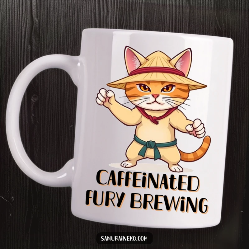 Funny mug with a determined cat wearing a straw hat, striking a martial arts pose with intense focus and readiness.