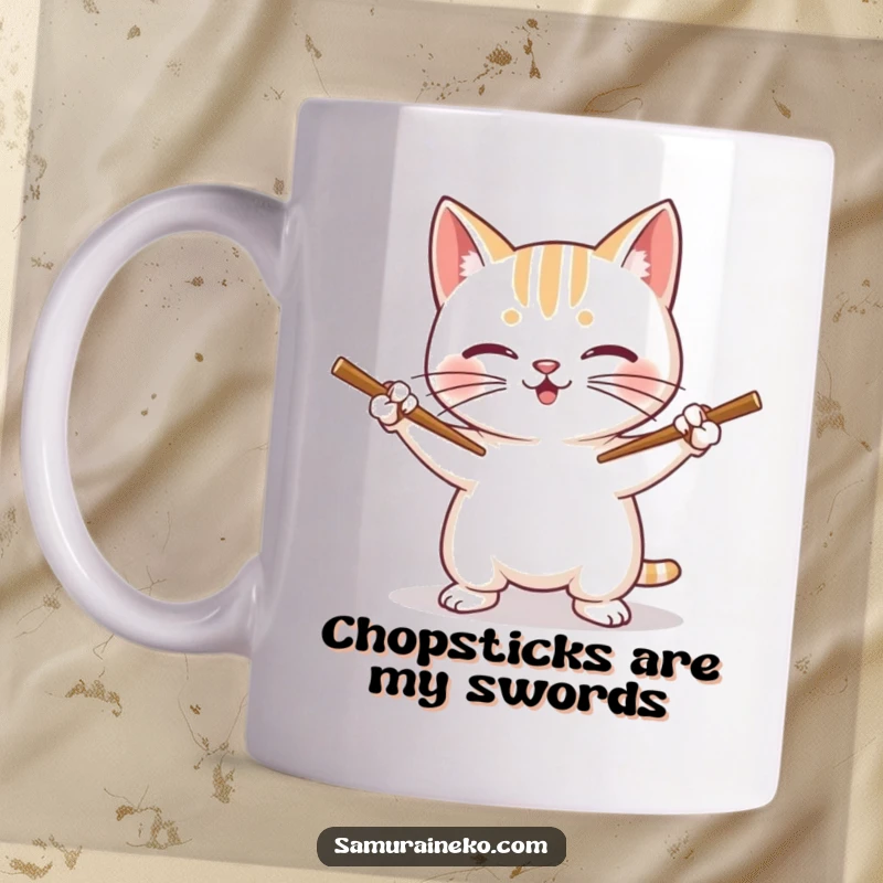 Funny Cat Mug: A happy cat with a big grin holds tiny chopsticks like swords, ready for a funny meal.