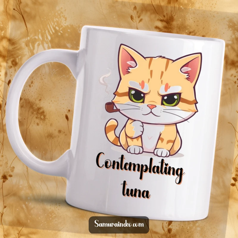 Funny mug of a cat with a determined gaze, holding a tiny smoking pipe, embodying wisdom and humor.