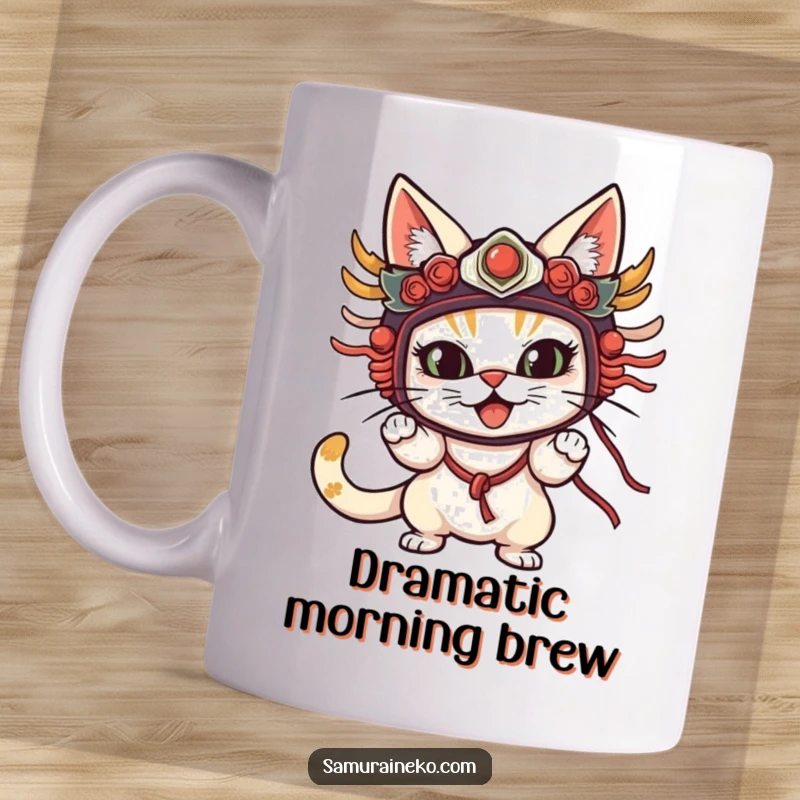 Funny Cat Mask Mug featuring a cat wearing a traditional, dramatic mask, striking a comical and theatrical pose with flair.