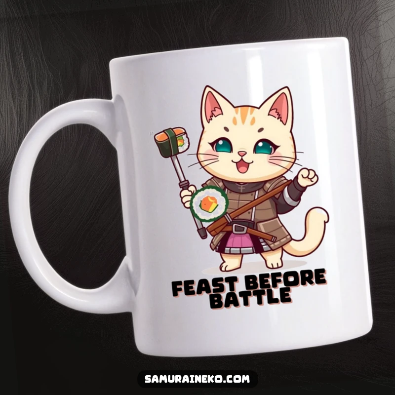 Funny Samurai Cat Mug: A cat in traditional samurai armor joyfully brandishing a sushi roll, ready for a delicious battle.