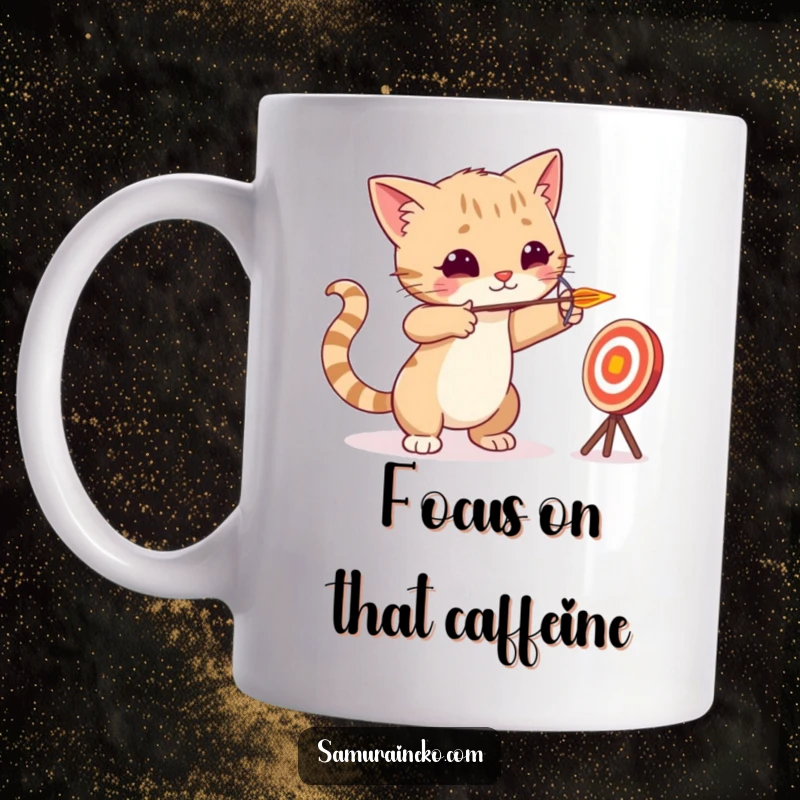 Funny cat character aiming a tiny arrow with great focus towards a playful target, depicted on a fun mug.