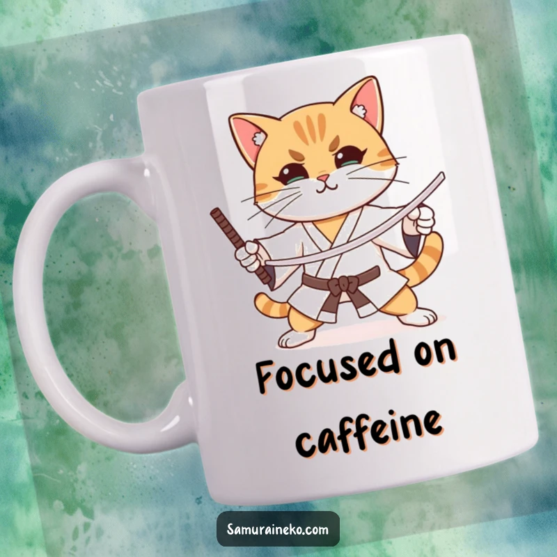 Funny cat practicing sword stances with intense focus and a slight smile, featured on a humorous mug.