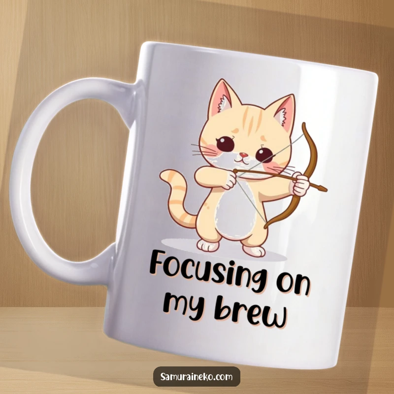 Funny Cat Archer Mug: A determined cat with a tiny bow and arrow, focusing intently on its target, representing humor and precision.