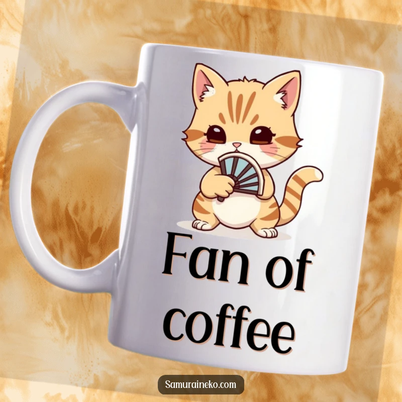 Funny cat duelist holding a small battle fan, poised for a whimsical duel on this delightful mug.