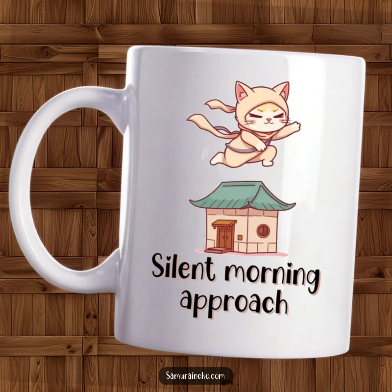 Funny mug showing a cat ninja gracefully leaping onto a small rooftop, a humorous and stealthy feline action.