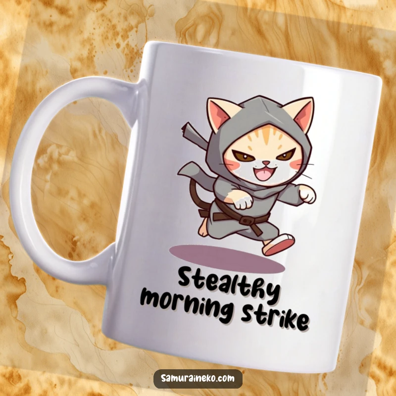 Funny Cat Ninja Mug featuring a sleek cat ninja leaping from the shadows with a mischievous grin, ready for action.