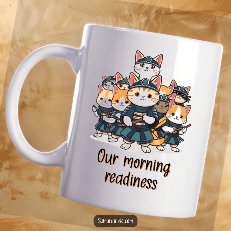 Funny cat samurai mug featuring a group of playful felines in various samurai stances, ready for fun.