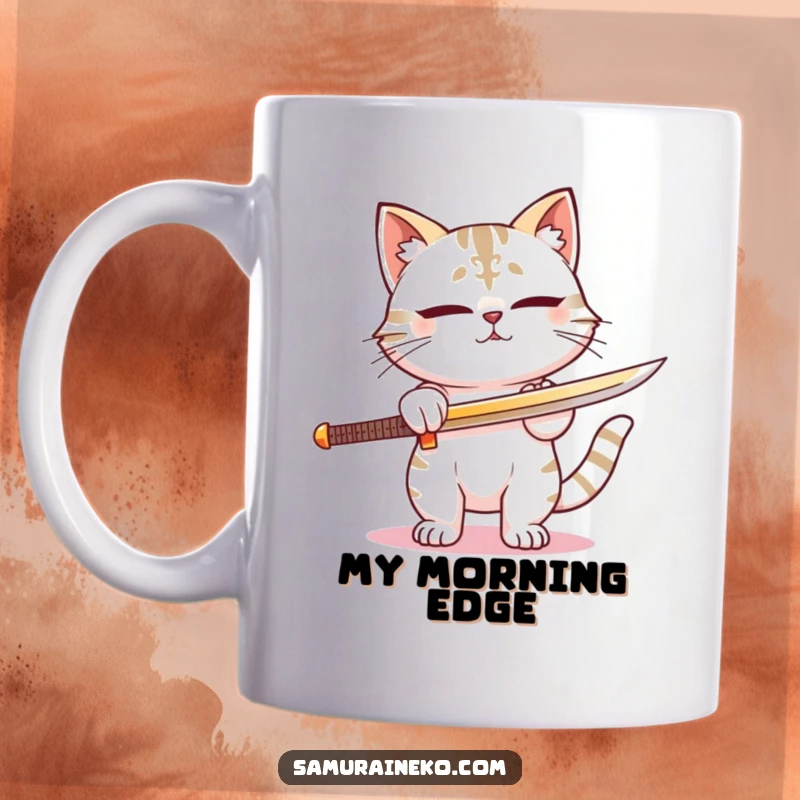 Funny mug of a contented cat sharpening its sword with a determined, focused expression, perfect for cat lovers gift.