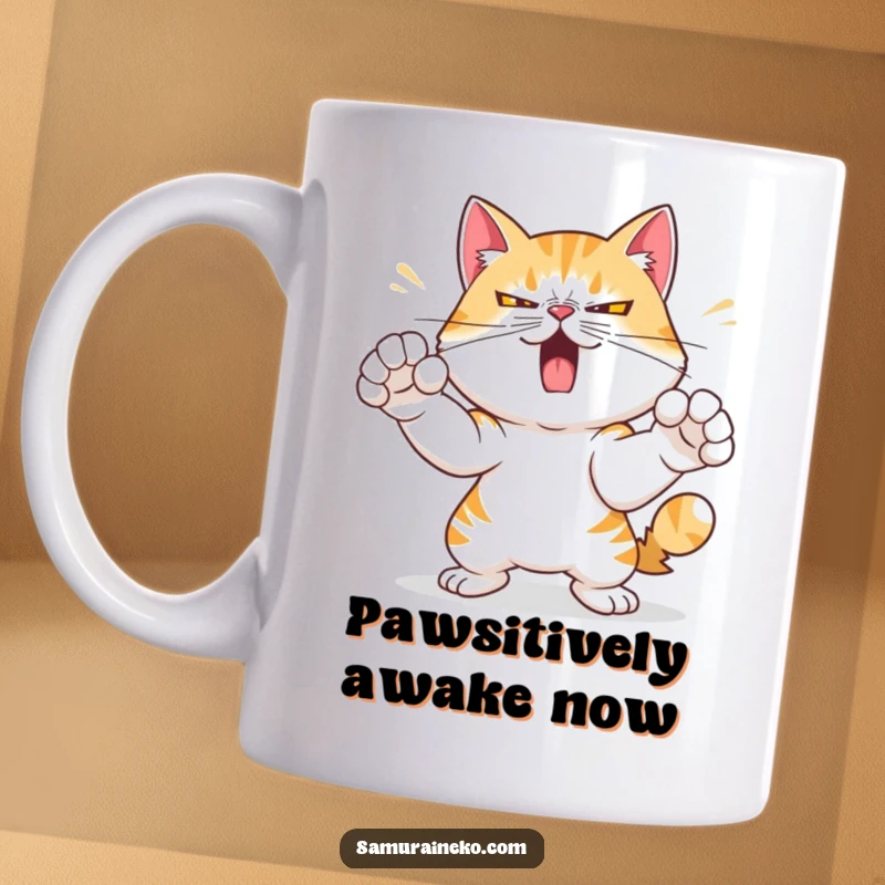 Funny mug featuring a mischievous cat with a determined expression, practicing swift, powerful paw strikes with focus.