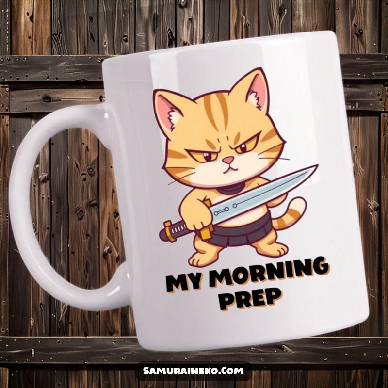 Funny mug showcasing a determined cat character with a squint sharpening a miniature sword, ready for action.