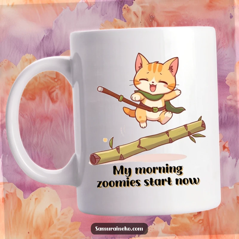 Funny Cat Warrior Mug: A brave feline warrior leaping with excitement over a fallen bamboo stalk, showcasing agility and a humorous spirit.