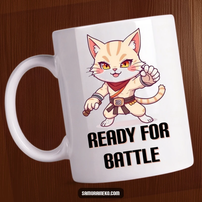 Funny mug showing a cat warrior striking a powerful yet adorable pose, a humorous and majestic feline design.