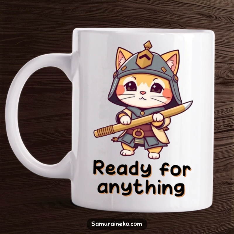 Funny cat character wearing a tiny helmet and wielding a bamboo sword with fierce, yet adorable, warrior determination.