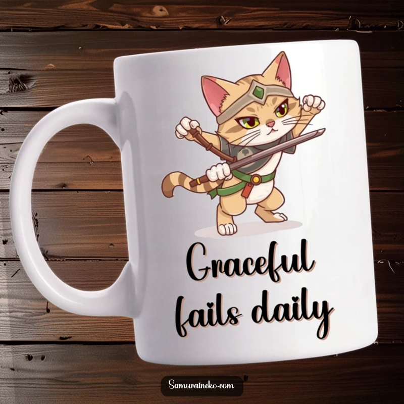Funny mug featuring a cat warrior striking a dramatic pose but losing balance slightly, showcasing humorous effort and imperfection.