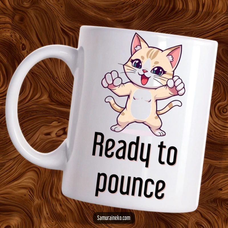 Funny cat mug showcasing a cat character in an intense, playful fighting stance, ready for action.