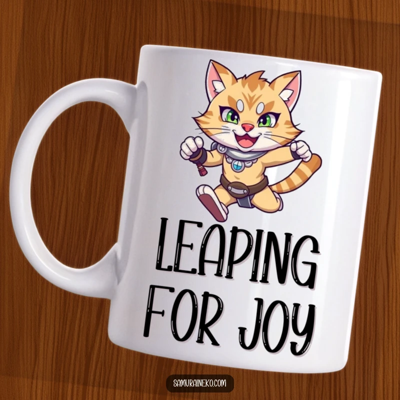 Funny mug featuring a happy warrior cat in mid-leap, showcasing determination and joyful action, perfect for gift ideas.