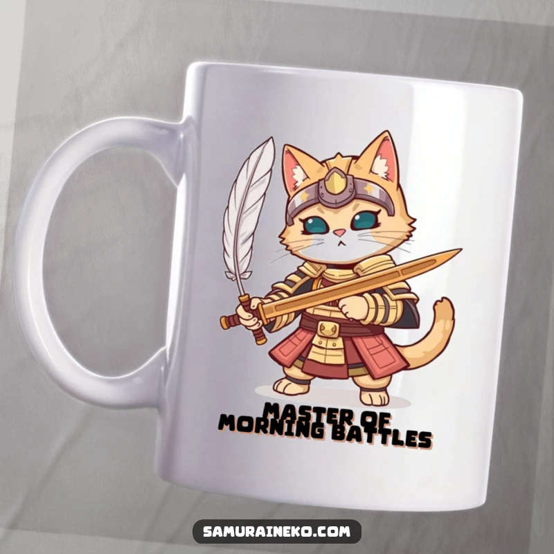 Funny cat in full samurai armor parrying a feather with a wooden sword, depicted on a detailed mug.