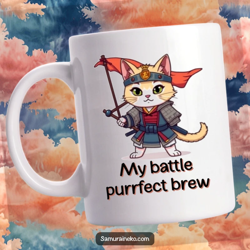 Funny Samurai Cat Mug featuring a fierce warrior cat posing dramatically with a fluttering banner, ready for action.