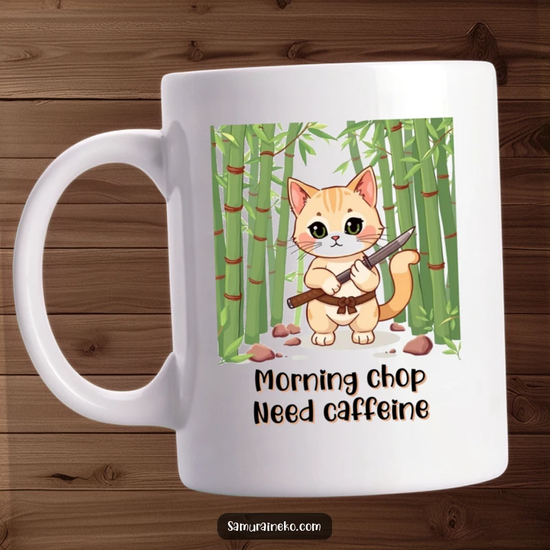 Funny mug showcasing a determined cat warrior in a bamboo forest, skillfully wielding a miniature katana in a playful, humorous pose.