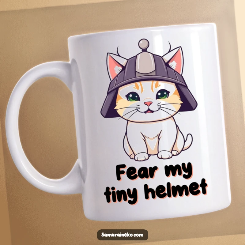 Funny mug featuring a cute cat in a tiny samurai helmet with a determined grin, ready for a humorous battle.