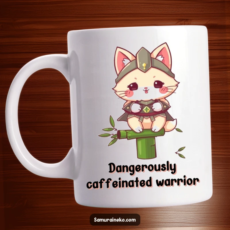 Funny Samurai Cat mug featuring a fluffy feline warrior in miniature armor, precariously balancing on a thin bamboo stalk with a determined look.