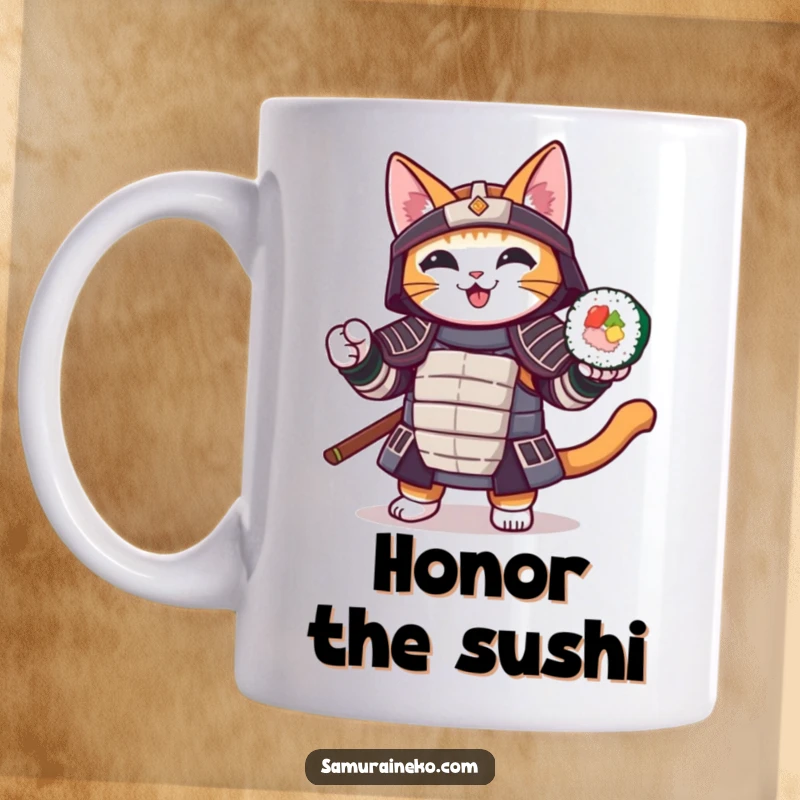 Funny mug featuring a cat in samurai armor happily holding a sushi roll, ready for a delicious battle.