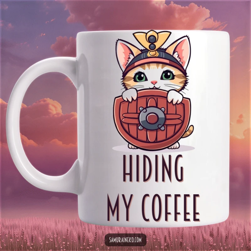 Funny mug of a curious kitten peeking from behind a miniature samurai shield with a shy smile, embodying gentle bravery.