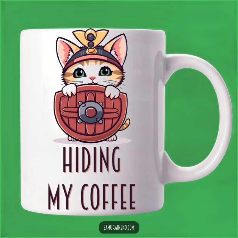 Funny Shy Samurai Kitten Mug: Adorable Feline Protector Gift for a Gentle Start