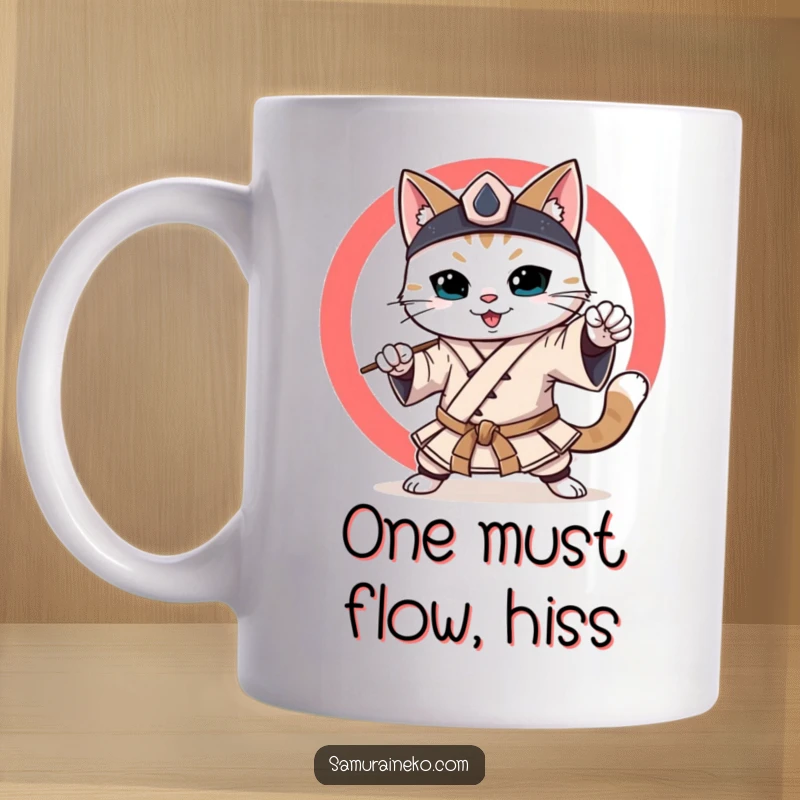 Funny Smiling Samurai Cat Mug: Cat in traditional samurai attire, practicing martial arts with a contented smile, peaceful and humorous.