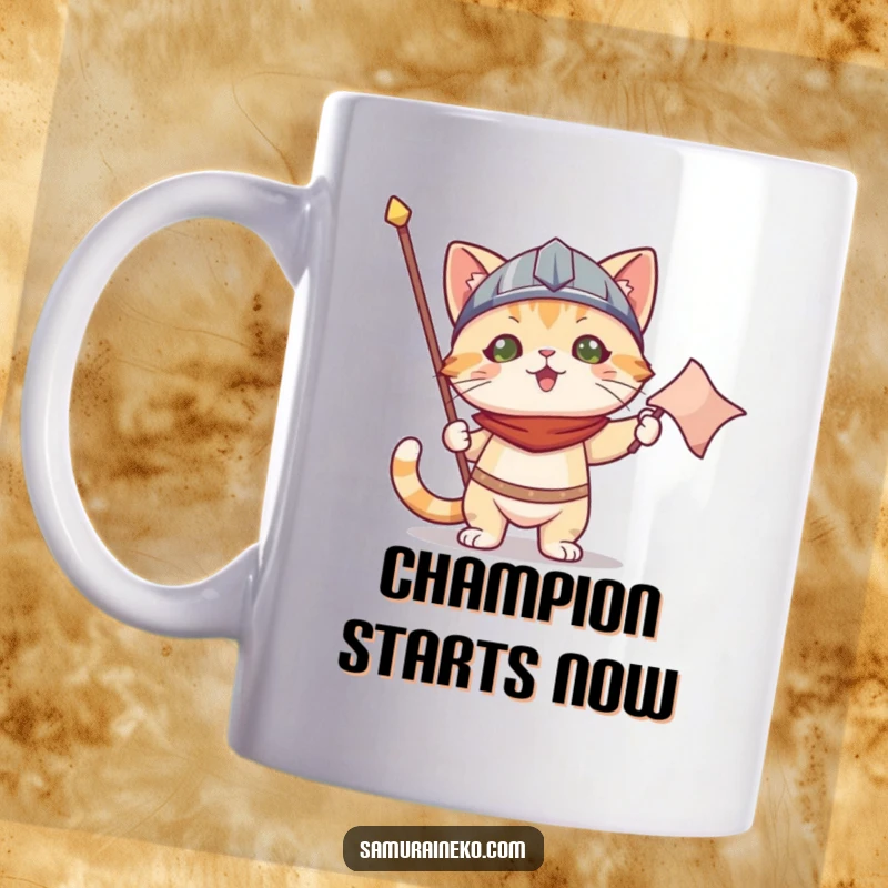 Funny mug art: a cat wearing a small helmet holds a victorious banner, looking triumphant after a comical battle.