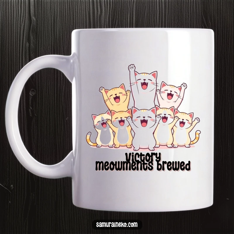 Funny mug showcasing a group of ecstatic cats cheering with raised paws and happy shouts, celebrating victory.