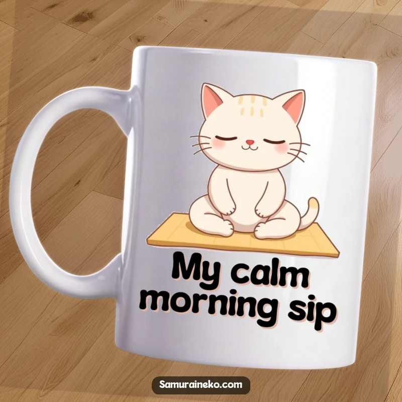Funny Zen Cat Mug: A cat peacefully meditating on a tatami mat, embodying serene humor and a moment of calm contemplation.