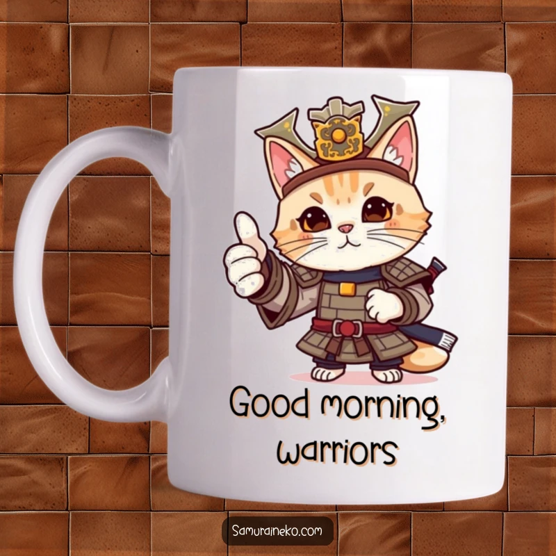 Funny cat samurai mug with a feline warrior in elaborate armor giving a friendly, approving thumbs-up gesture.