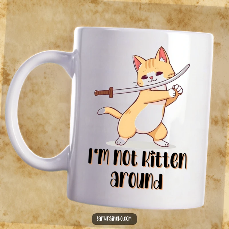 Funny cat samurai with wagging tail performs a swift, playful sword flourish, ready for action on this mug.