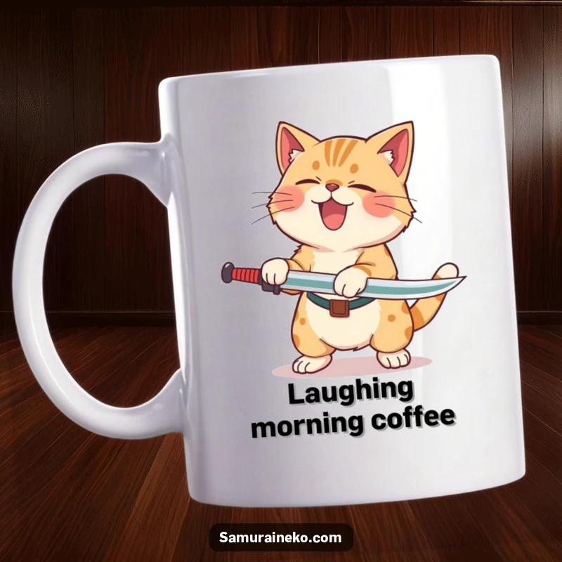 Funny Cat Laughing Sword Mug featuring a cat rolling with laughter after a clumsy, playful sword swing, capturing pure comic joy.