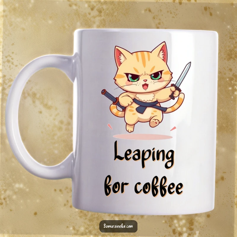 Funny determined cat leaping with a tiny sword, action-packed kitty design, perfect funny gift for fighters.